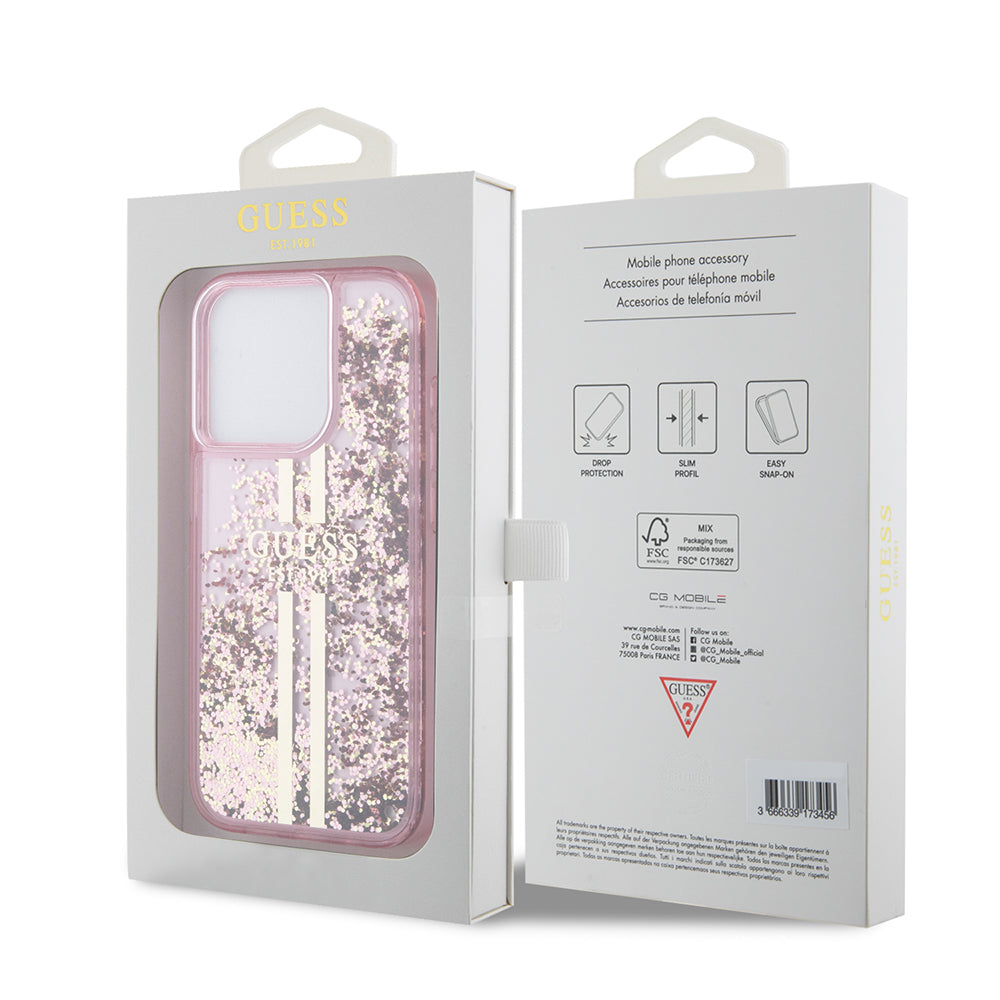 Funda para Apple iPhone 15 Pro, Guess, Liquid Glitter Gold Stripes, Rosa