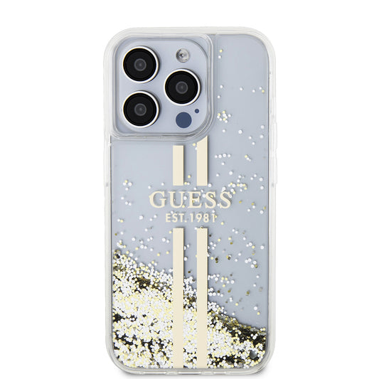 Funda para Apple iPhone 15 Pro, Guess, Liquid Glitter Gold Stripes, Transparente