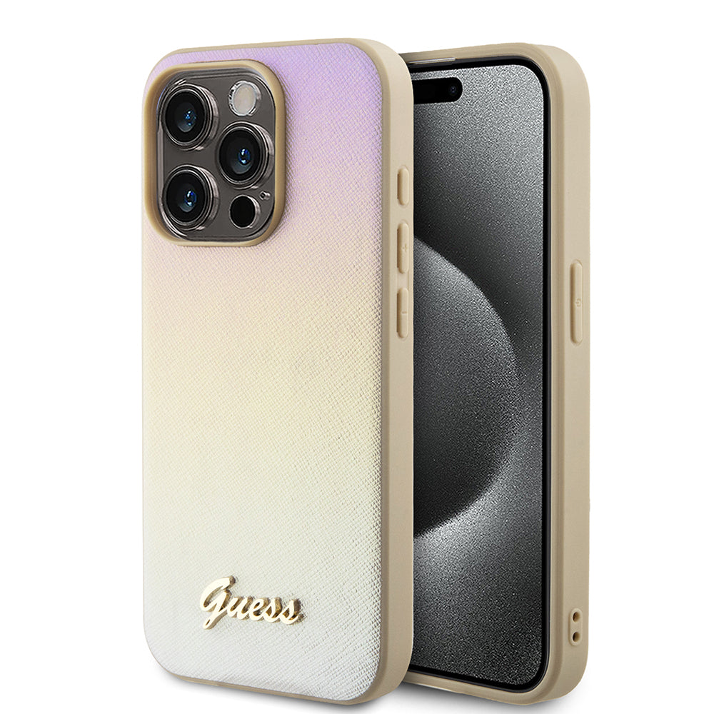 Funda para Apple iPhone 15 Pro, Guess, Saffiano Iridescent Script, Dorada