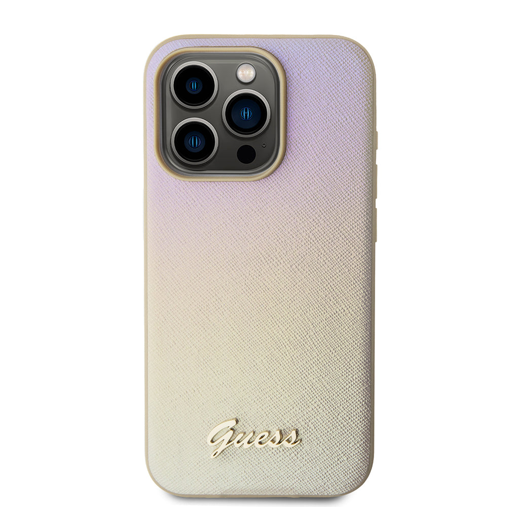 Funda para Apple iPhone 15 Pro, Guess, Saffiano Iridescent Script, Dorada
