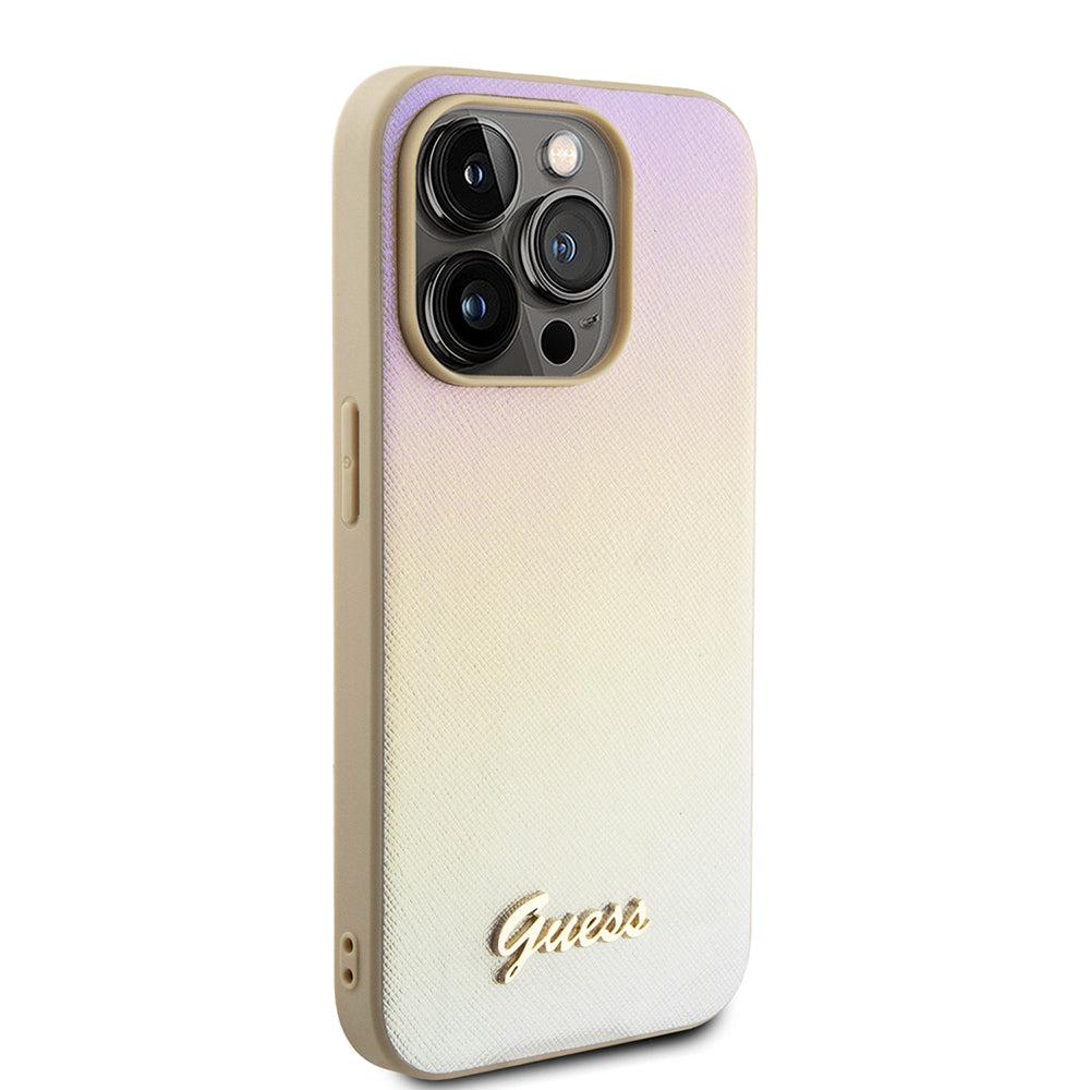 Funda para Apple iPhone 15 Pro, Guess, Saffiano Iridescent Script, Dorada