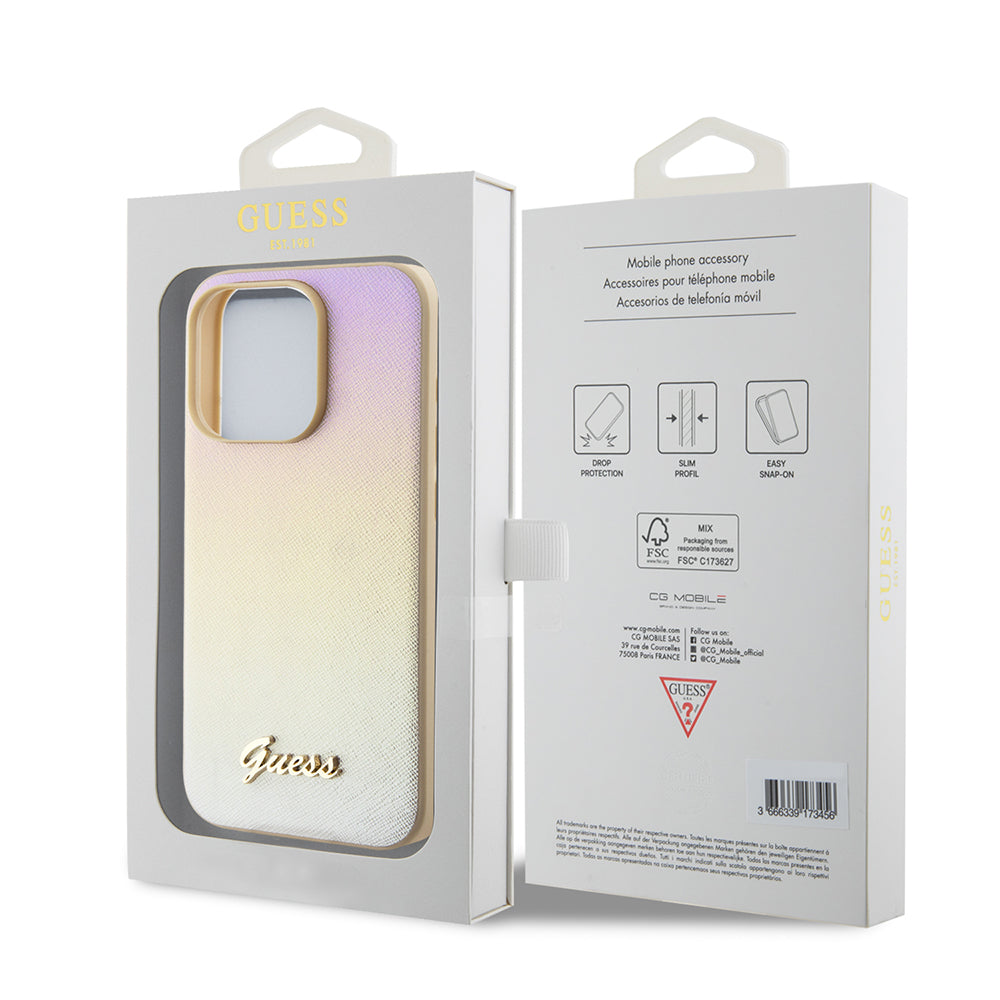 Funda para Apple iPhone 15 Pro, Guess, Saffiano Iridescent Script, Dorada