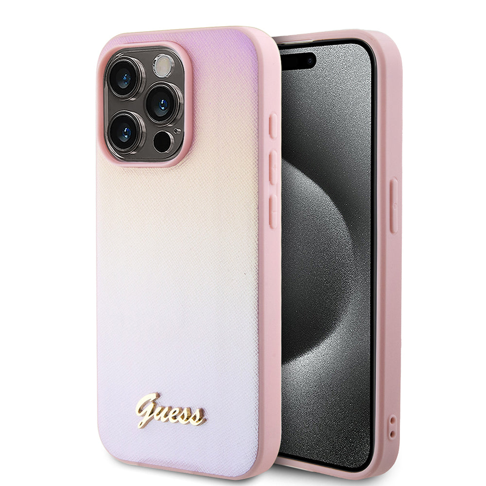 Funda para Apple iPhone 15 Pro, Guess, Saffiano Iridescent Script, Rosa