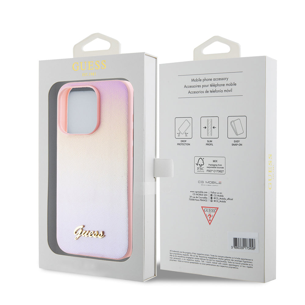 Funda para Apple iPhone 15 Pro, Guess, Saffiano Iridescent Script, Rosa