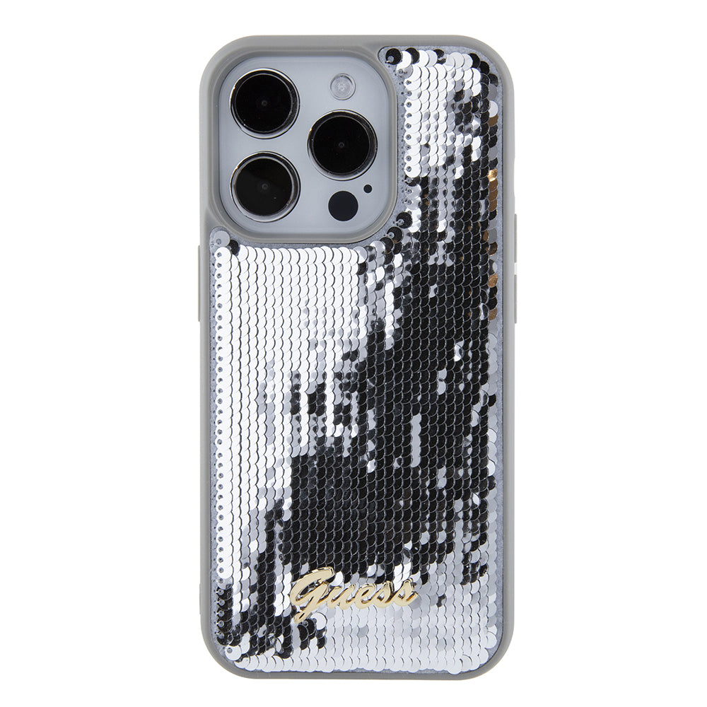 Funda para Apple iPhone 15 Pro, Guess, Sequin Script Metal, Plateada