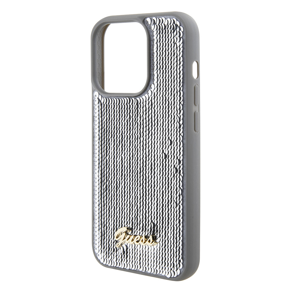 Funda para Apple iPhone 15 Pro, Guess, Sequin Script Metal, Plateada