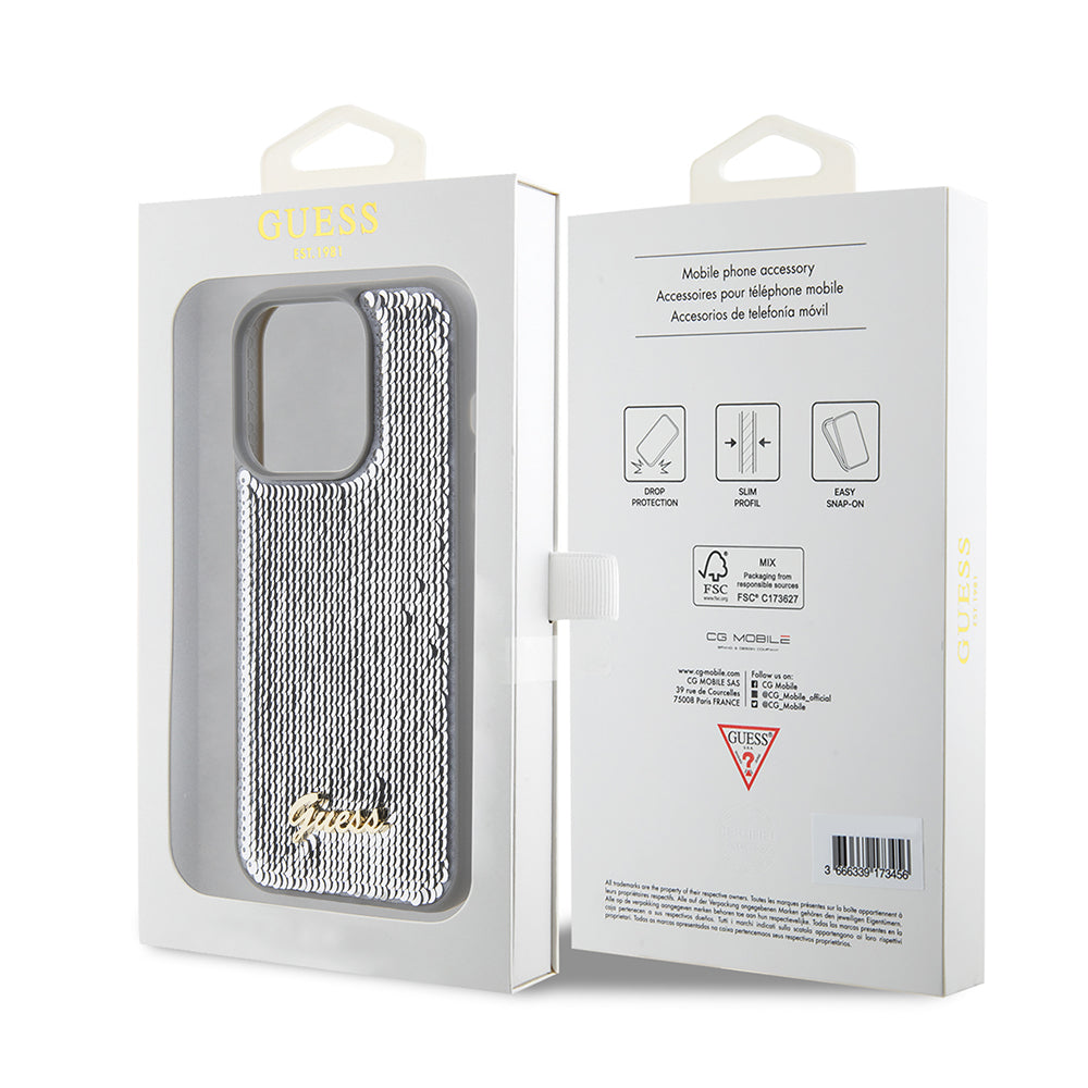 Funda para Apple iPhone 15 Pro, Guess, Sequin Script Metal, Plateada
