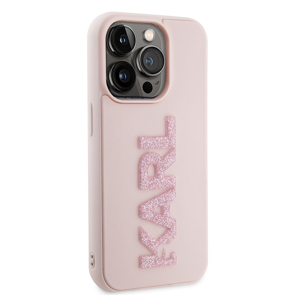 Funda para Apple iPhone 15 Pro, Karl Lagerfeld, Logo Karl de Goma Brillante 3D, Rosa