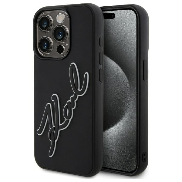 Funda para Apple iPhone 15 Pro, Karl Lagerfeld, 3D Rubber Signature, Negra