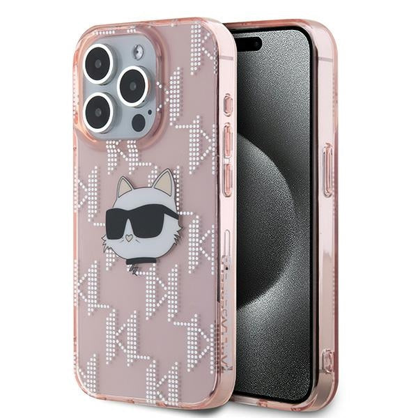 Funda para Apple iPhone 15 Pro, Karl Lagerfeld, IML Luxury Monogram Choupette's Head, Rosa