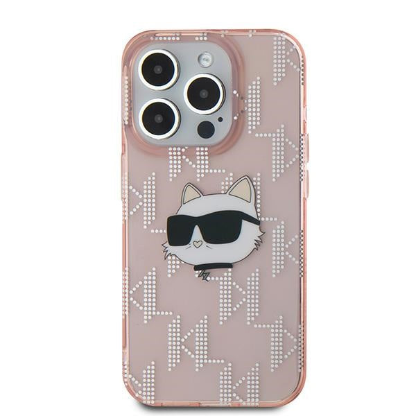 Funda para Apple iPhone 15 Pro, Karl Lagerfeld, IML Luxury Monogram Choupette's Head, Rosa