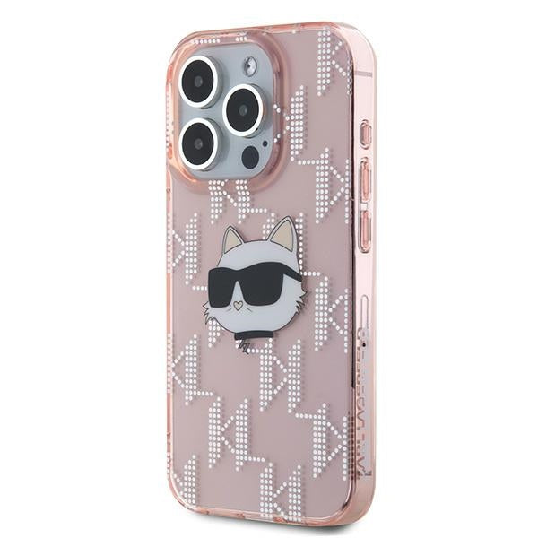 Funda para Apple iPhone 15 Pro, Karl Lagerfeld, IML Luxury Monogram Choupette's Head, Rosa