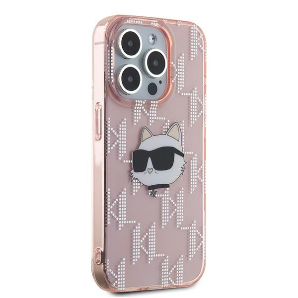 Funda para Apple iPhone 15 Pro, Karl Lagerfeld, IML Luxury Monogram Choupette's Head, Rosa