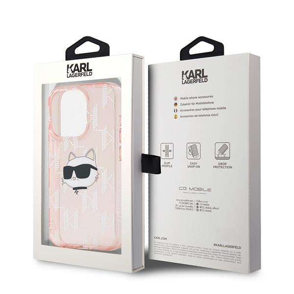 Funda para Apple iPhone 15 Pro, Karl Lagerfeld, IML Luxury Monogram Choupette's Head, Rosa