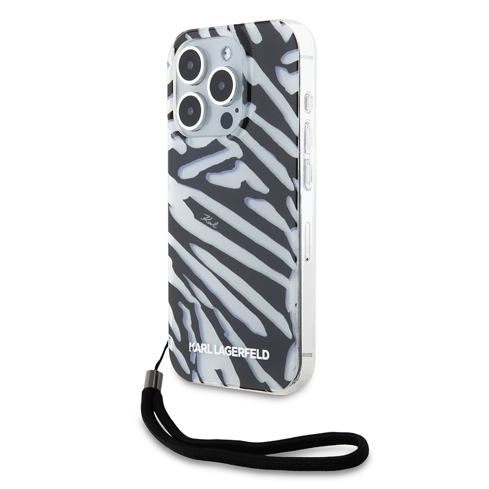 Funda para Apple iPhone 15 Pro, Karl Lagerfeld, IML Luxury Zebra Pattern with Strap, Negra