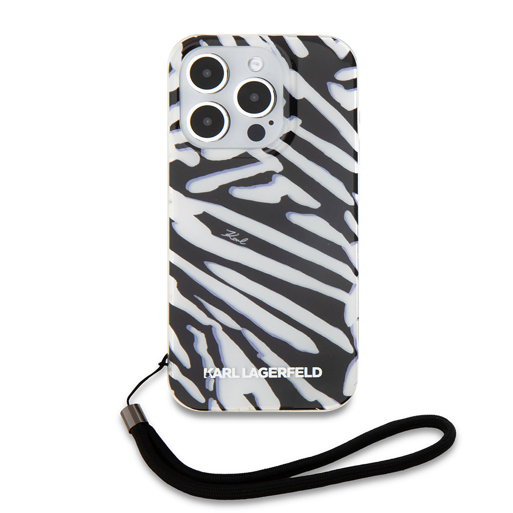 Funda para Apple iPhone 15 Pro, Karl Lagerfeld, IML Luxury Zebra Pattern with Strap, Negra