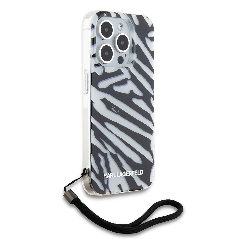 Funda para Apple iPhone 15 Pro, Karl Lagerfeld, IML Luxury Zebra Pattern with Strap, Negra