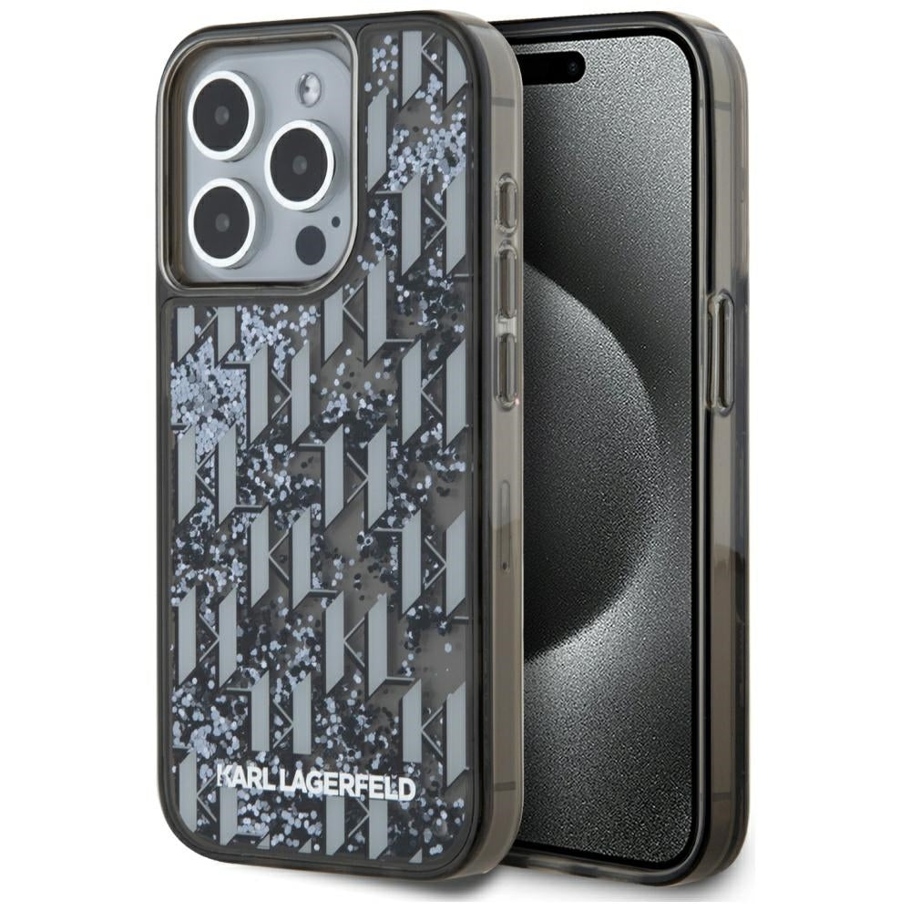Funda para Apple iPhone 15 Pro, Karl Lagerfeld, Liquid Glitter Monogram, Negra