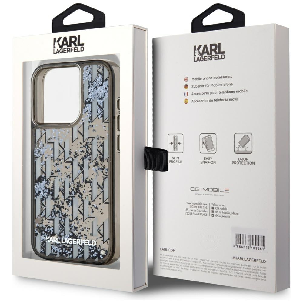 Funda para Apple iPhone 15 Pro, Karl Lagerfeld, Liquid Glitter Monogram, Negra