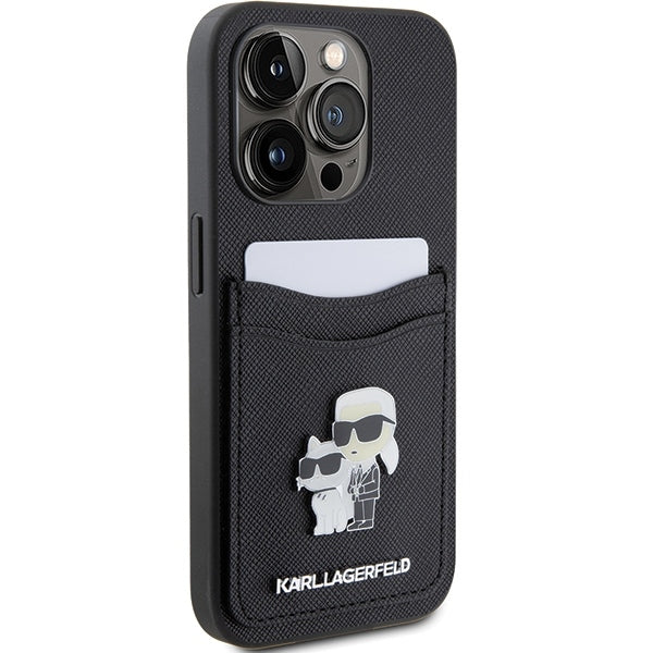 Funda para Apple iPhone 15 Pro, Karl Lagerfeld, Ranura para Tarjeta Saffiano Metal Karl & Choupette, Negra