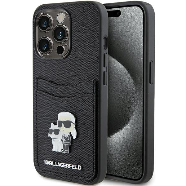 Funda para Apple iPhone 15 Pro, Karl Lagerfeld, Ranura para Tarjeta Saffiano Metal Karl & Choupette, Negra