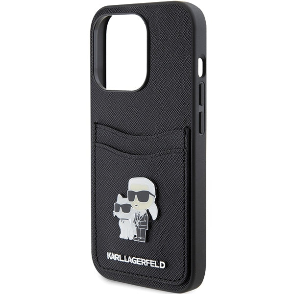 Funda para Apple iPhone 15 Pro, Karl Lagerfeld, Ranura para Tarjeta Saffiano Metal Karl & Choupette, Negra