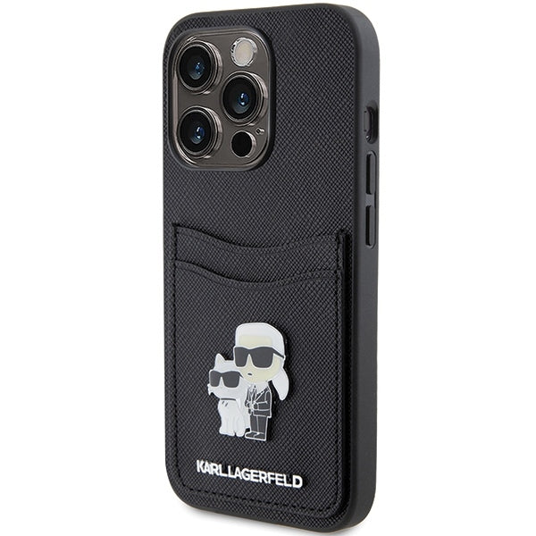 Funda para Apple iPhone 15 Pro, Karl Lagerfeld, Ranura para Tarjeta Saffiano Metal Karl & Choupette, Negra