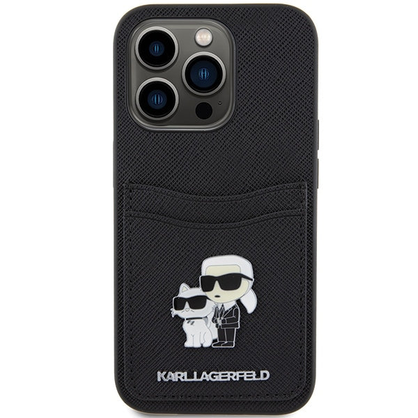 Funda para Apple iPhone 15 Pro, Karl Lagerfeld, Ranura para Tarjeta Saffiano Metal Karl & Choupette, Negra