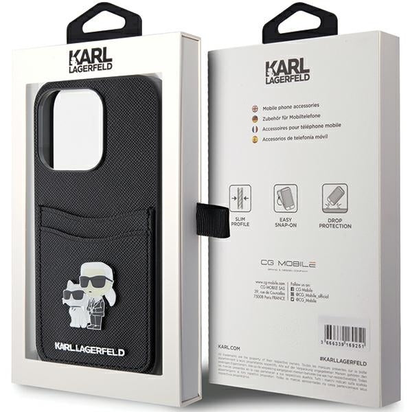 Funda para Apple iPhone 15 Pro, Karl Lagerfeld, Ranura para Tarjeta Saffiano Metal Karl & Choupette, Negra