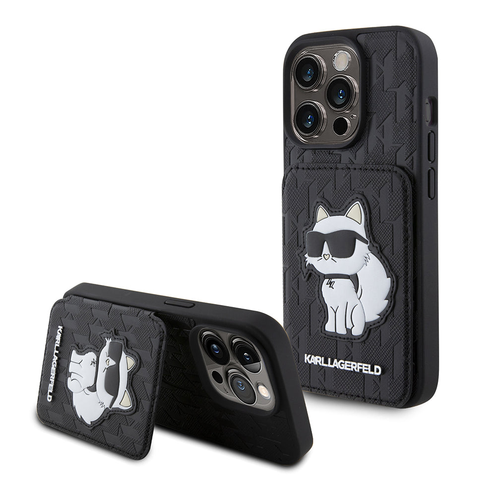 Funda para Apple iPhone 15 Pro, Karl Lagerfeld, Saffiano Cardslots and Stand Monogram Choupette, Negra