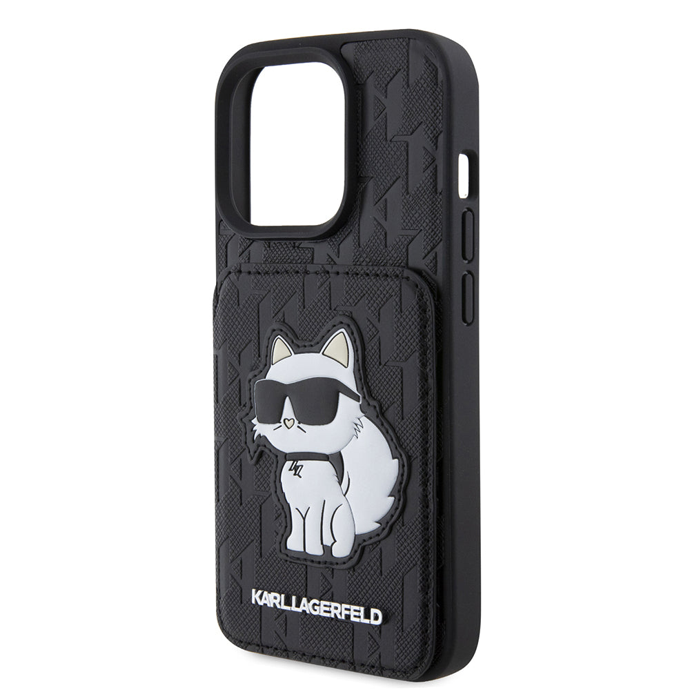 Funda para Apple iPhone 15 Pro, Karl Lagerfeld, Saffiano Cardslots and Stand Monogram Choupette, Negra