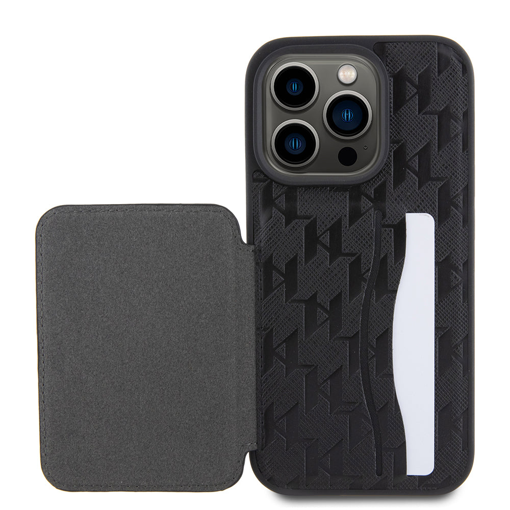 Funda para Apple iPhone 15 Pro, Karl Lagerfeld, Saffiano Cardslots and Stand Monogram Choupette, Negra