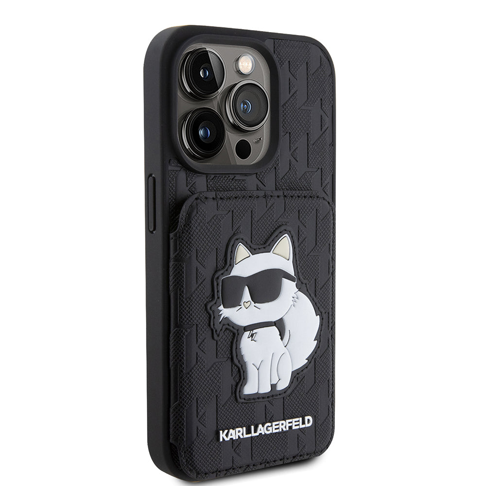 Funda para Apple iPhone 15 Pro, Karl Lagerfeld, Saffiano Cardslots and Stand Monogram Choupette, Negra