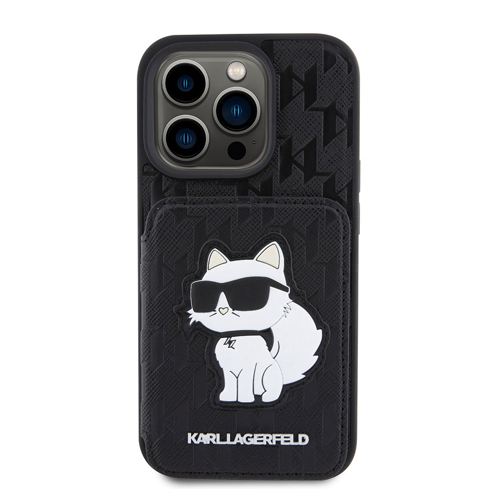 Funda para Apple iPhone 15 Pro, Karl Lagerfeld, Saffiano Cardslots and Stand Monogram Choupette, Negra