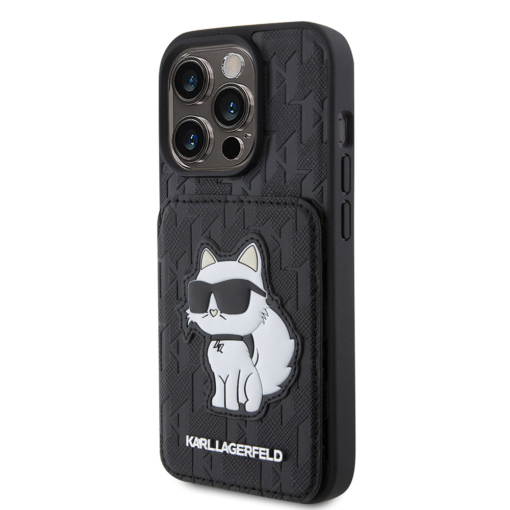 Funda para Apple iPhone 15 Pro, Karl Lagerfeld, Saffiano Cardslots and Stand Monogram Choupette, Negra
