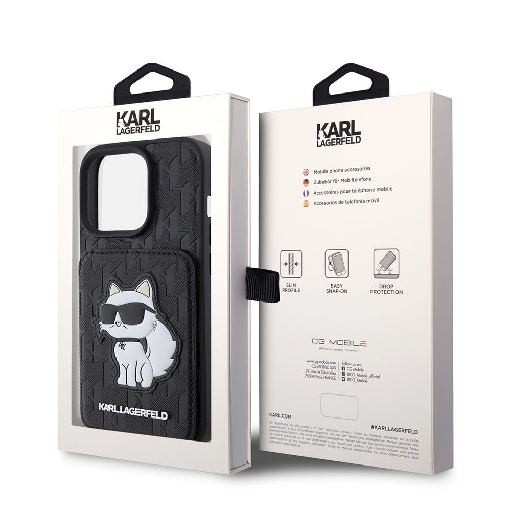 Funda para Apple iPhone 15 Pro, Karl Lagerfeld, Saffiano Cardslots and Stand Monogram Choupette, Negra