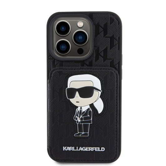 Funda para Apple iPhone 15 Pro, Karl Lagerfeld, Saffiano Cardslots and Stand Monogram Ikonik Karl, Negra