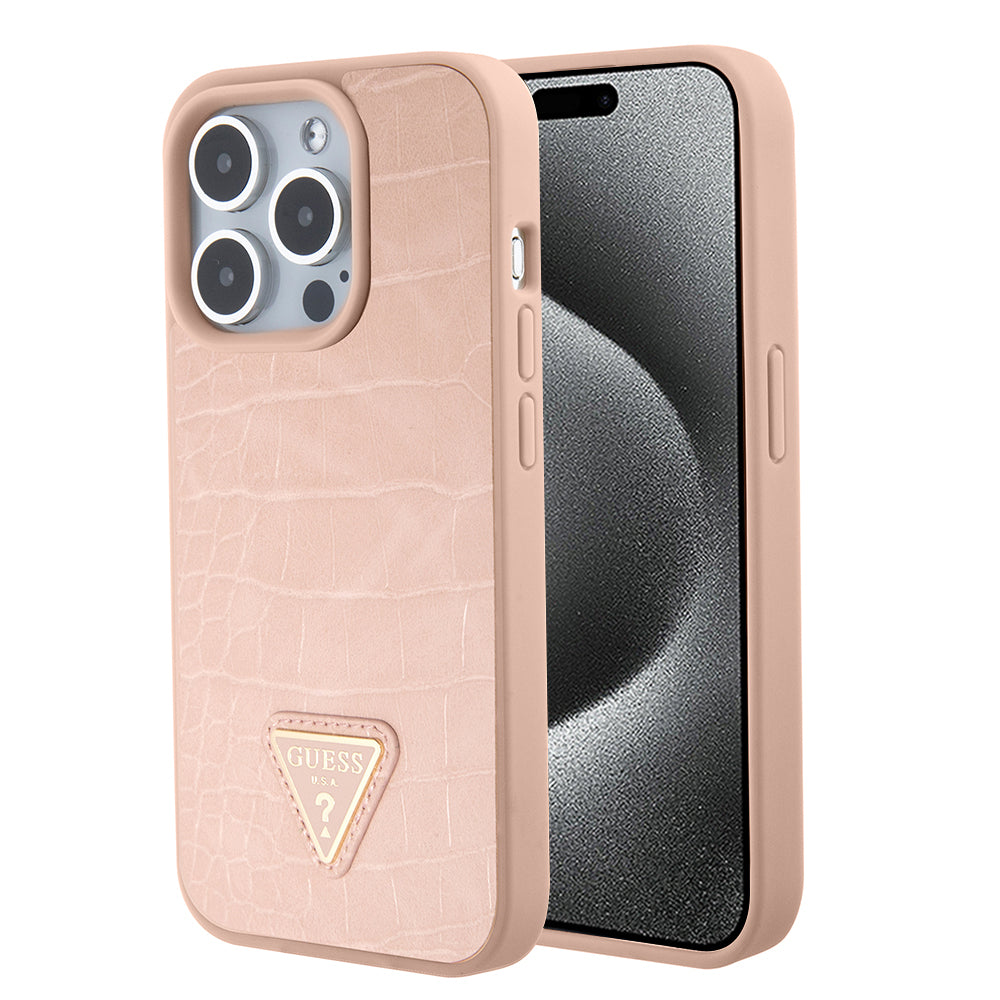 Funda para Apple iPhone 15 Pro Max, Guess, Croco Triangle Metal Logo, Rosa
