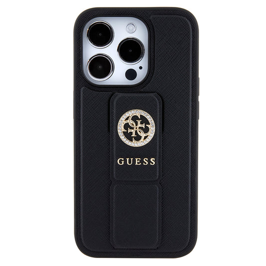 Funda para Apple iPhone 15 Pro Max, Guess, Grip Stand 4G Saffiano Strass, Negra