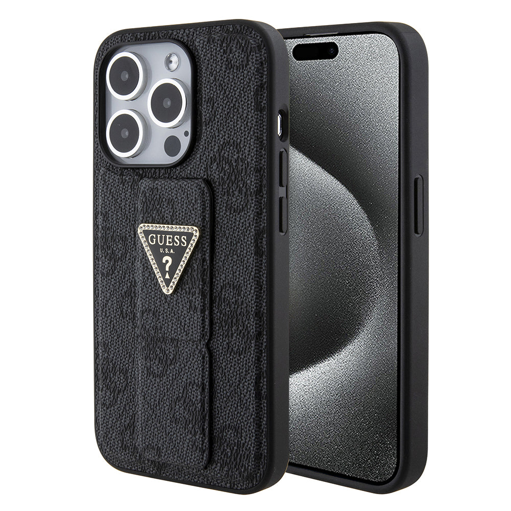 Funda para Apple iPhone 15 Pro Max, Guess, Grip Stand 4G Triangle Strass, Negra