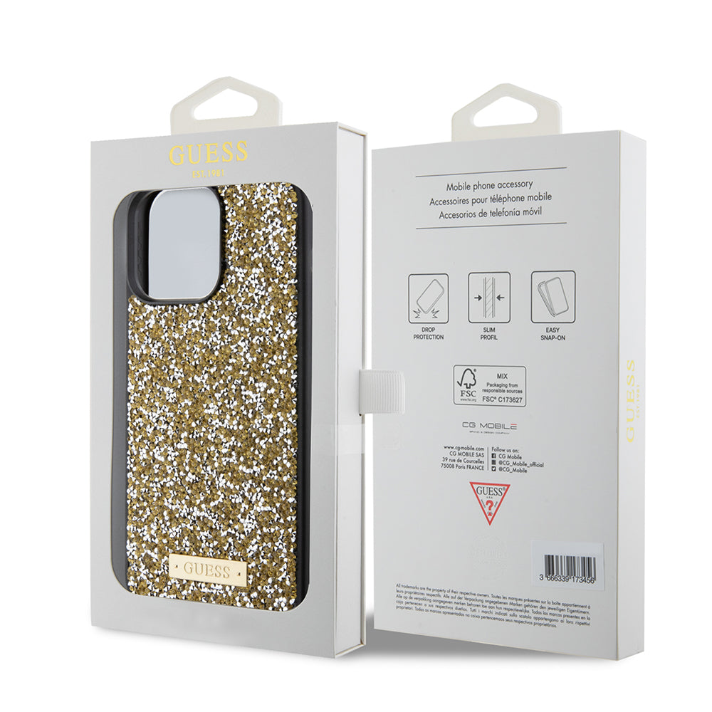 Funda para Apple iPhone 15 Pro Max, Guess, Rhinestone Metal Logo, Amarilla