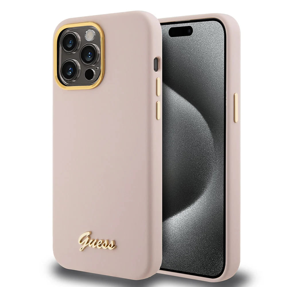 Funda para Apple iPhone 15 Pro Max, Guess, Script Metal Logo & Frame, Rosa Claro
