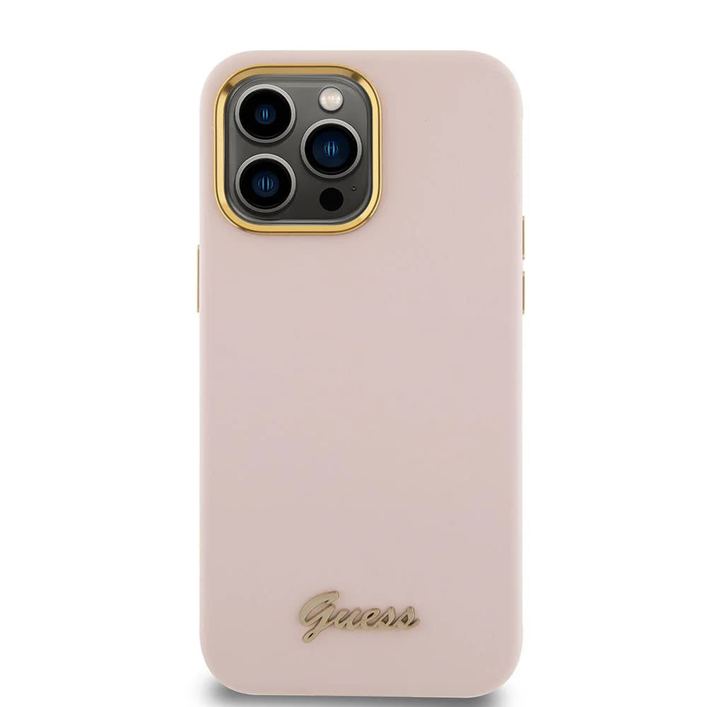 Funda para Apple iPhone 15 Pro Max, Guess, Script Metal Logo & Frame, Rosa Claro