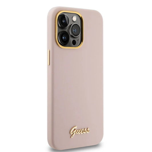 Funda para Apple iPhone 15 Pro Max, Guess, Script Metal Logo & Frame, Rosa Claro