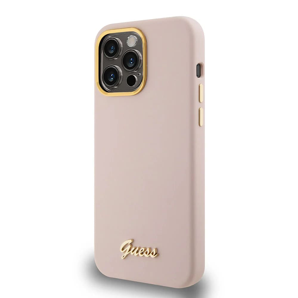 Funda para Apple iPhone 15 Pro Max, Guess, Script Metal Logo & Frame, Rosa Claro