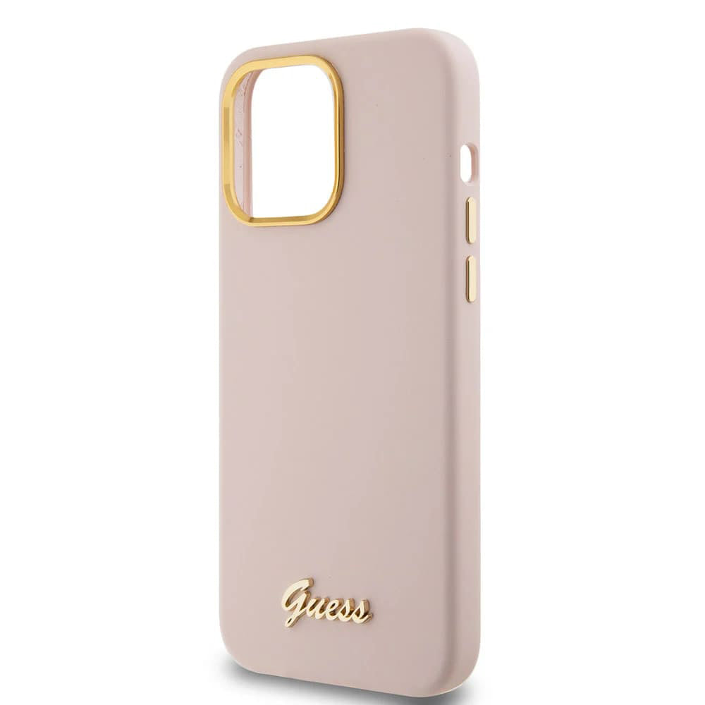 Funda para Apple iPhone 15 Pro Max, Guess, Script Metal Logo & Frame, Rosa Claro
