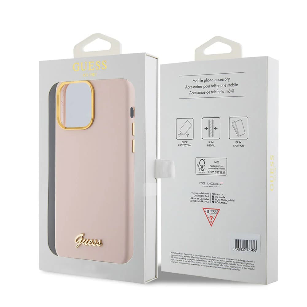 Funda para Apple iPhone 15 Pro Max, Guess, Script Metal Logo & Frame, Rosa Claro