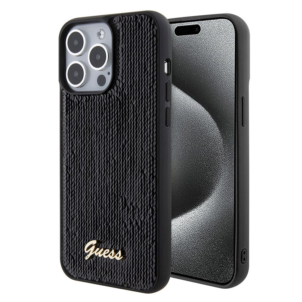 Funda para Apple iPhone 15 Pro Max, Guess, Sequin Script Logo, Negra GUHCP15XPSFDGSK