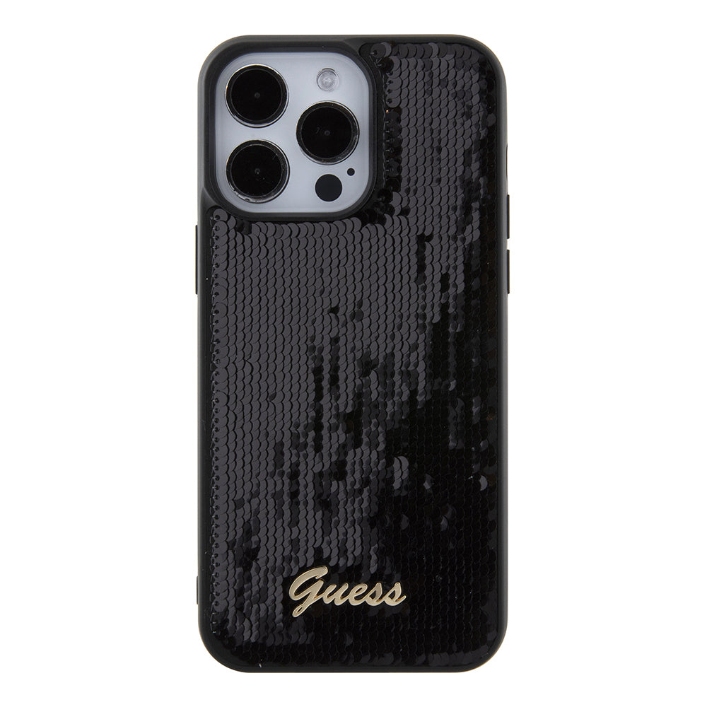 Funda para Apple iPhone 15 Pro Max, Guess, Sequin Script Logo, Negra GUHCP15XPSFDGSK