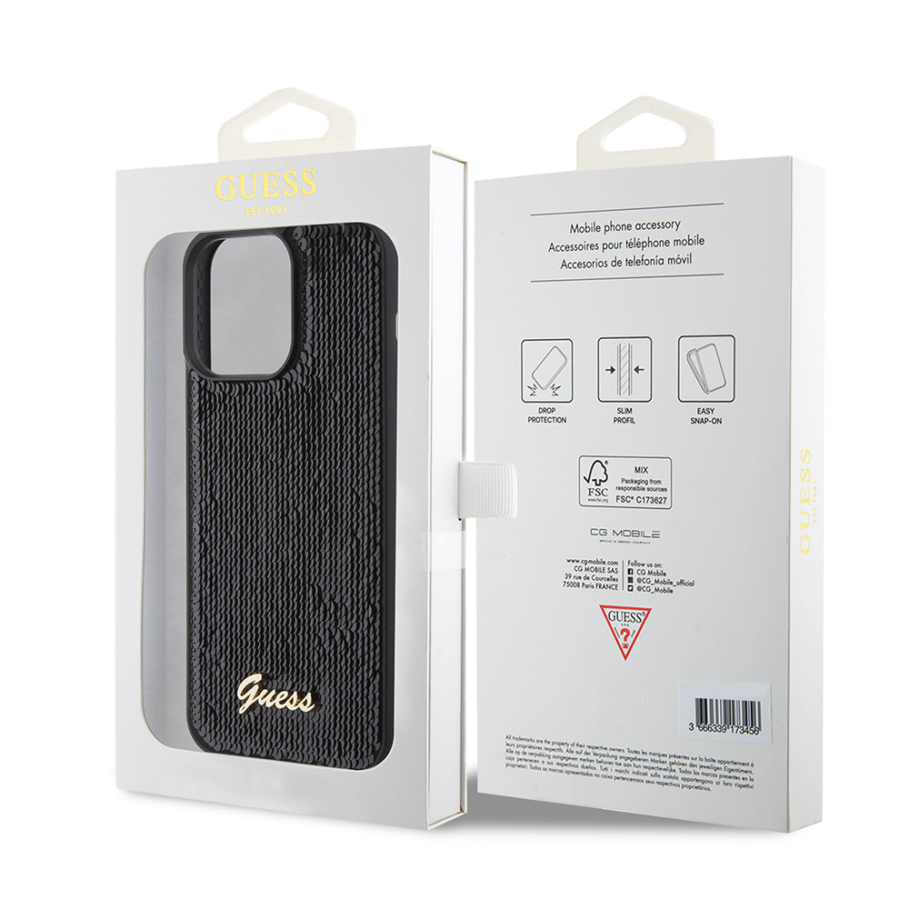 Funda para Apple iPhone 15 Pro Max, Guess, Sequin Script Logo, Negra GUHCP15XPSFDGSK